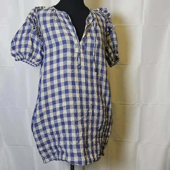 Olivaceous blue and white checkered 100% linen‎ midi dress - Picture 1 of 14